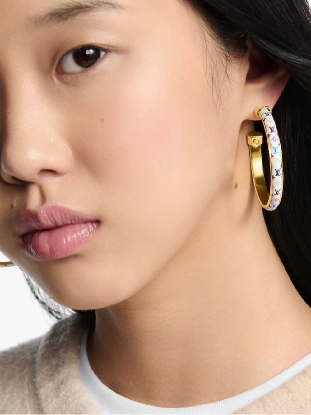Louis Vuitton White Multicolor Monogram Gold-Trim Hoop Earrings with box - Picture 4 of 6